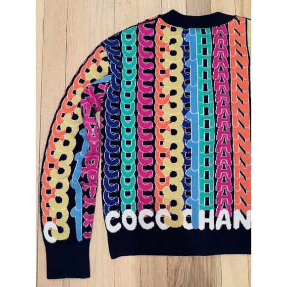 Chanel 21K Blue Rainbow Letter Logo CC Button Long Sleeve Cardigan Sweater 36 - Picture 13 of 15